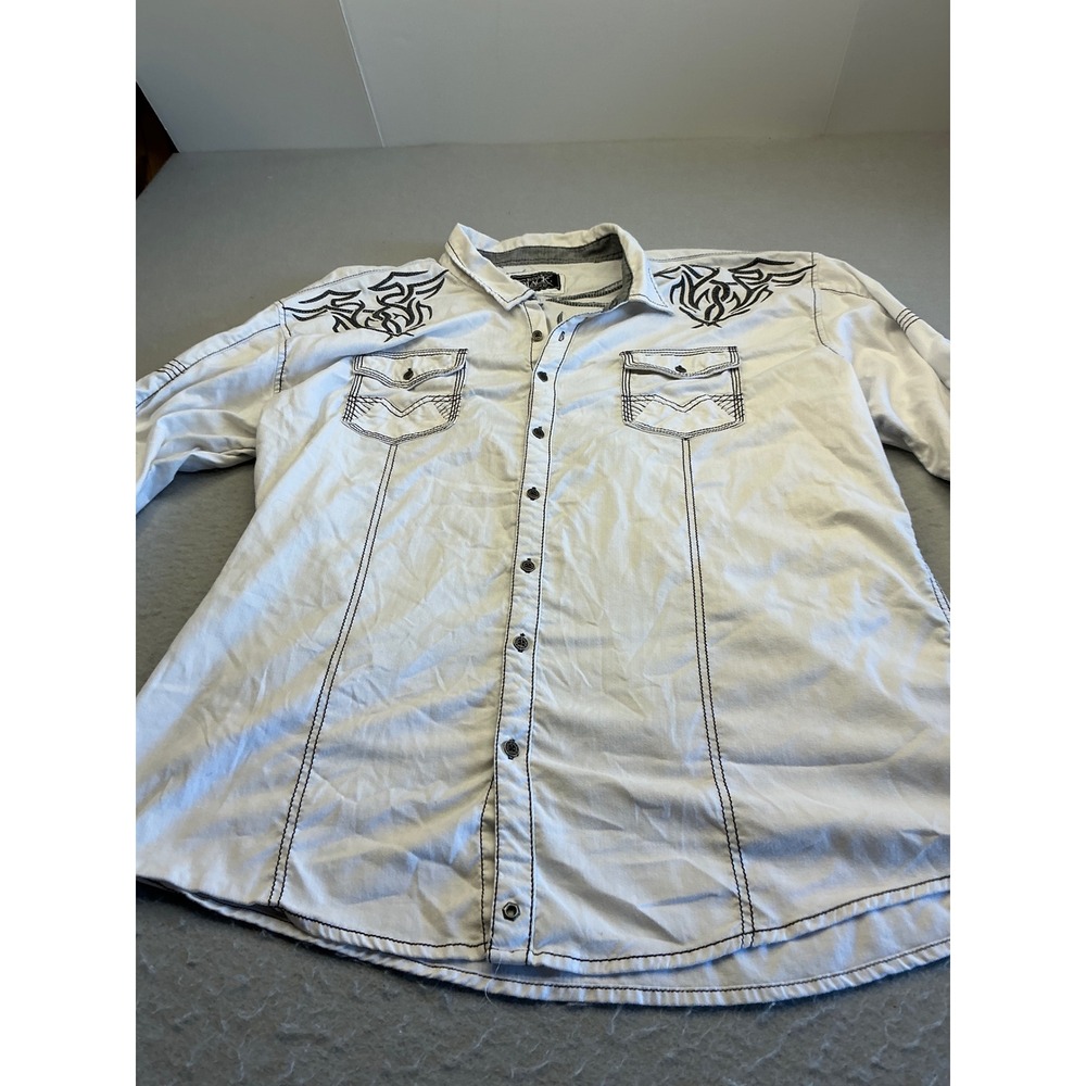Buckle Black Y2K Button Up Shirt Tribal Embroidery White 3XL Athletic Fit